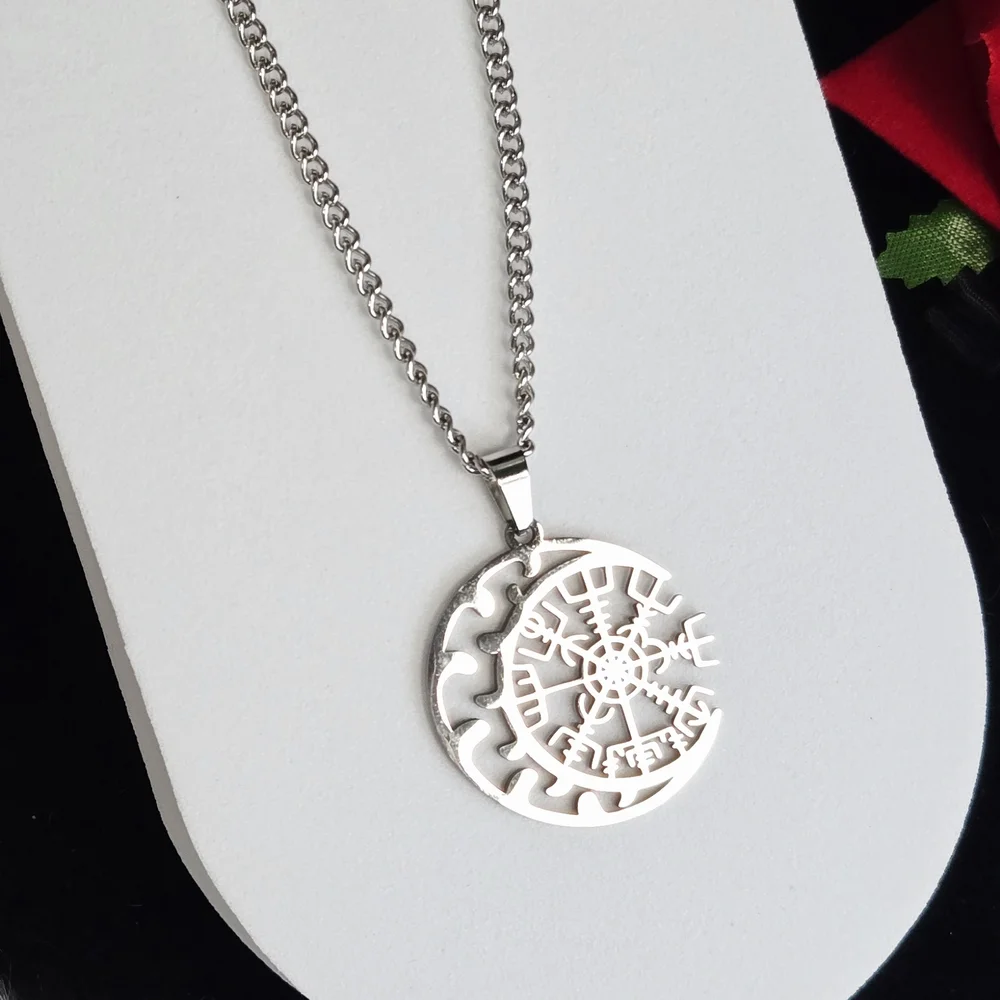 Vegvisir Viking Compass Necklace Crescent Moon Norse Rune Amulet 24” Silver Gift